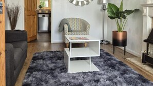 A modern living room with a grey shag rug, a white coffee table, a patterned armchair, a round mirror, a tall floor lamp, and a potted plant. - use With Modern Comforts (Nottingham)
