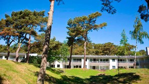 Un bâtiment doté d’un toit plat et de nombreuses fenêtres, entouré d’arbres et de zones verdoyantes.