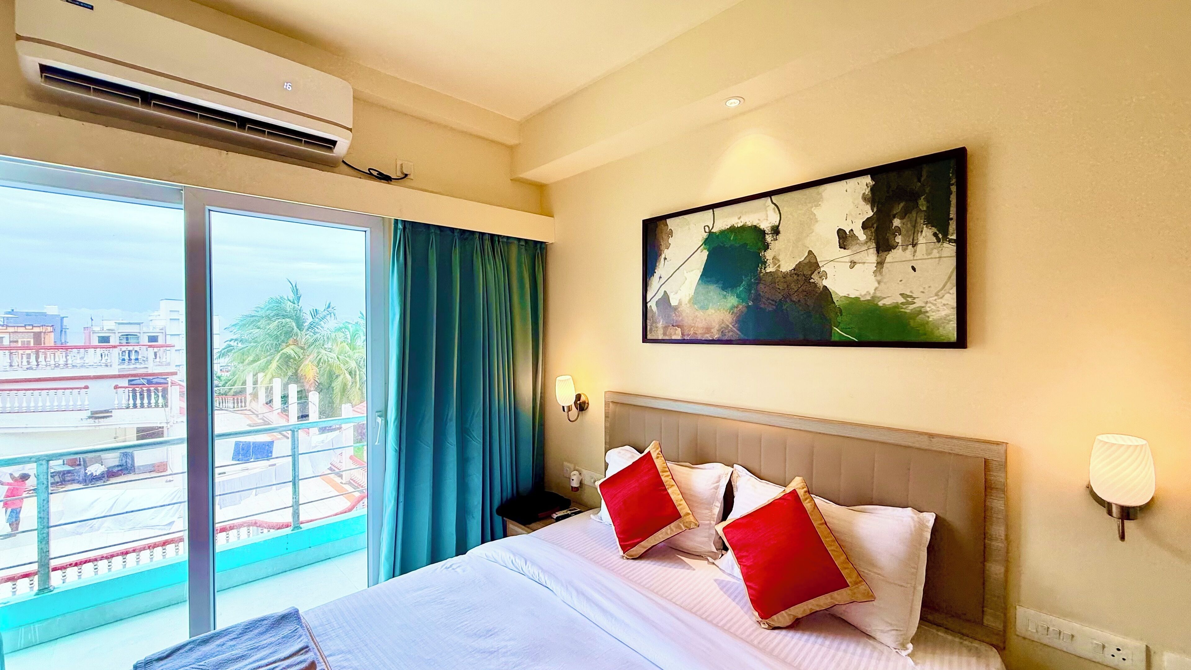 Premium bedding, desk, laptop workspace, soundproofing