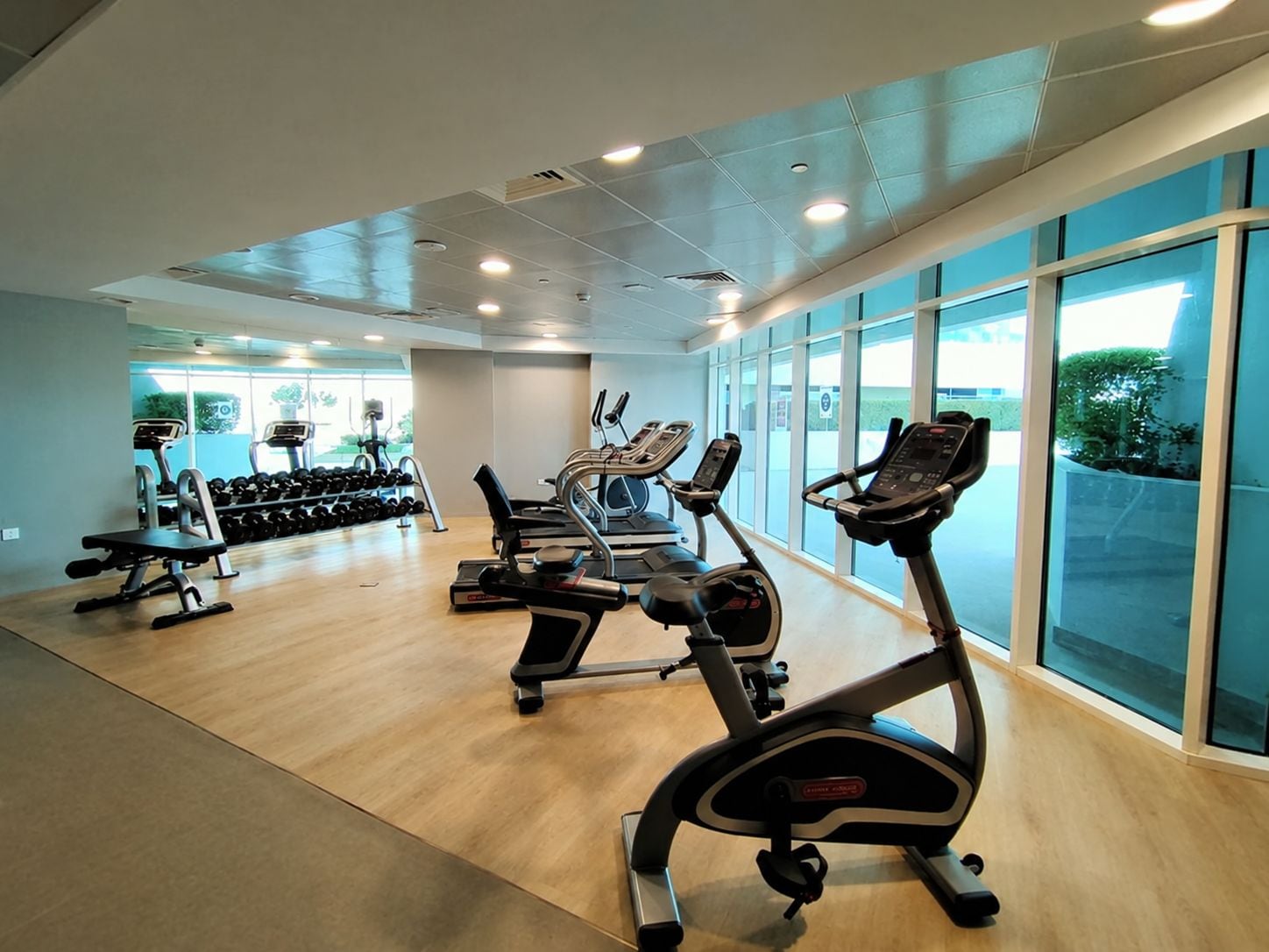 Un gimnasio con máquinas de cardio, mancuernas y un amplio ventanal.
