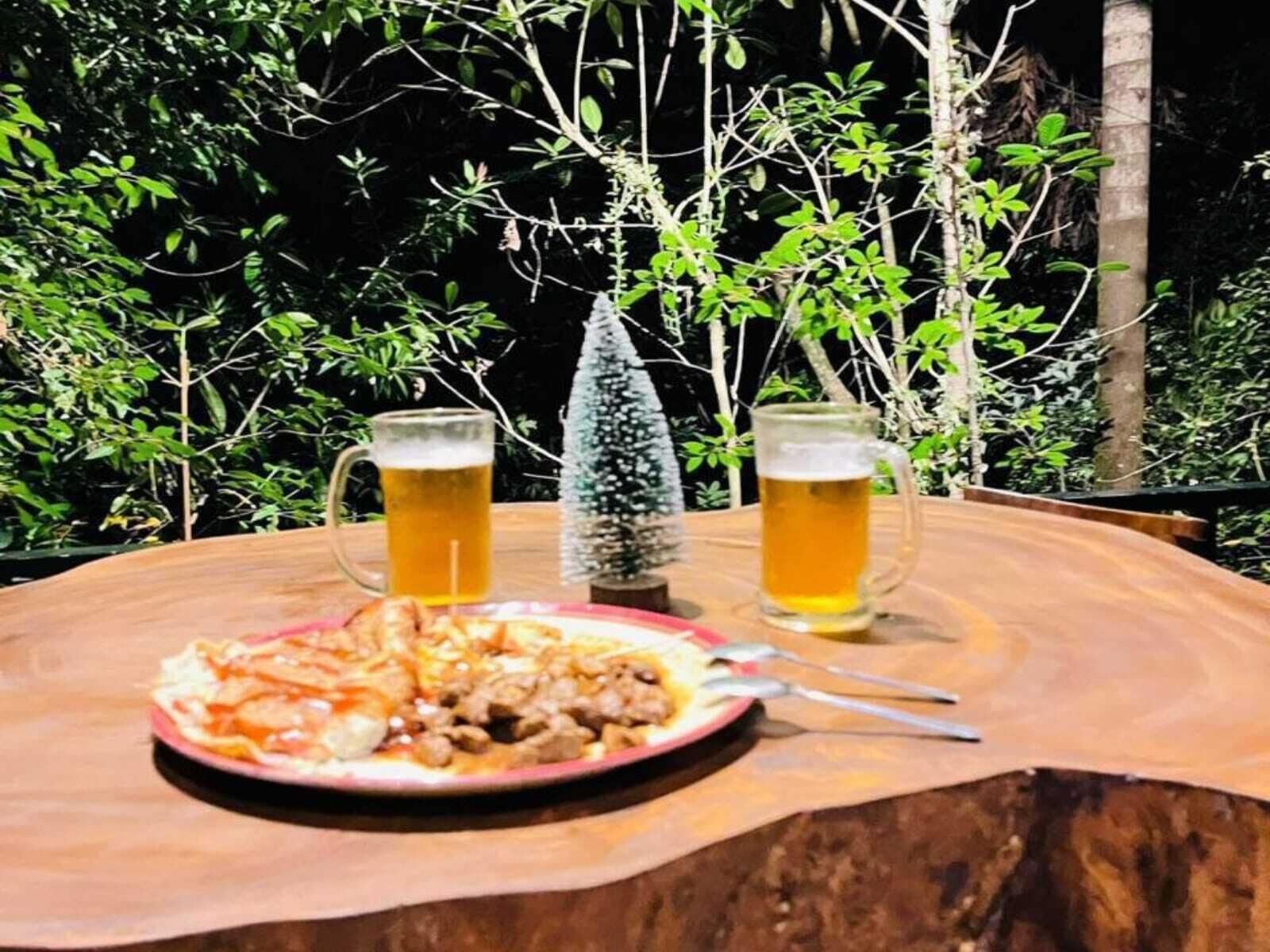 A dining table with a plate of food and two glasses of beer, set outdoors with trees in the background.