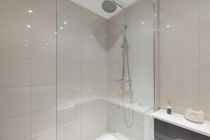 Shower, hair dryer, towels