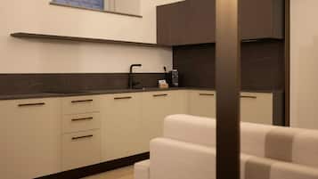 Exclusive Studio Suite | Private kitchen | Fridge, microwave, stovetop, dishwasher