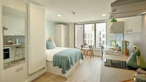 A modern apartment with a kitchen, dining area, and a large bed.