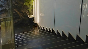 A staircase with a glass railing and a bamboo plant at the top. - Rahat luxury apartment (Lagos)