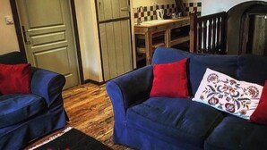 A living room with two blue sofas, a patterned throw pillow, a wooden dining table, and a kitchen area with a tiled backsplash.