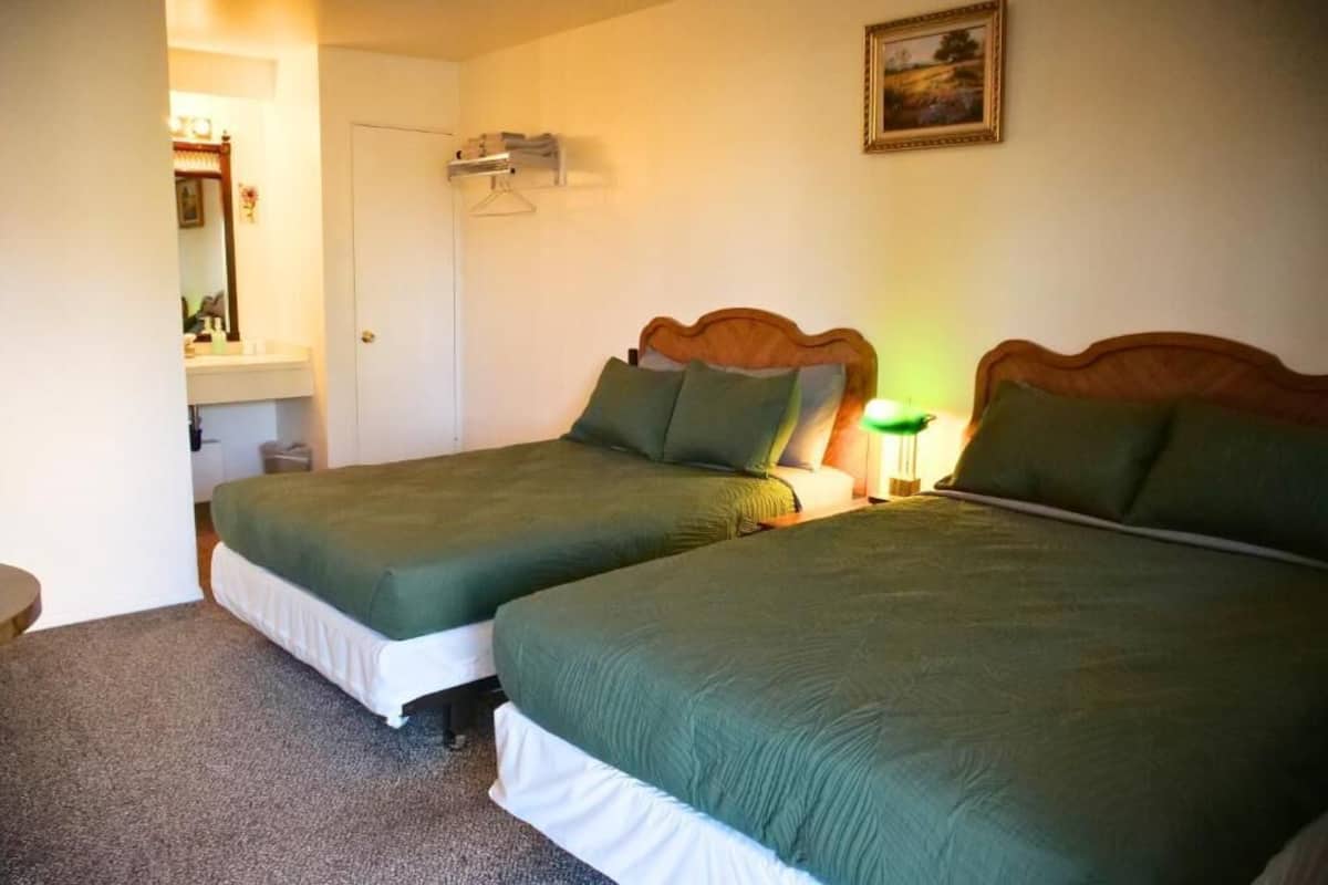 Una habitación con dos camas individuales, una mesita de noche con lámpara, un espejo pequeño y un cuadro en la pared.