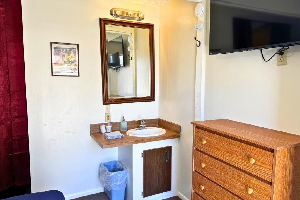 A bathroom with a wooden vanity, a mirror, a sink, and a trash bin.