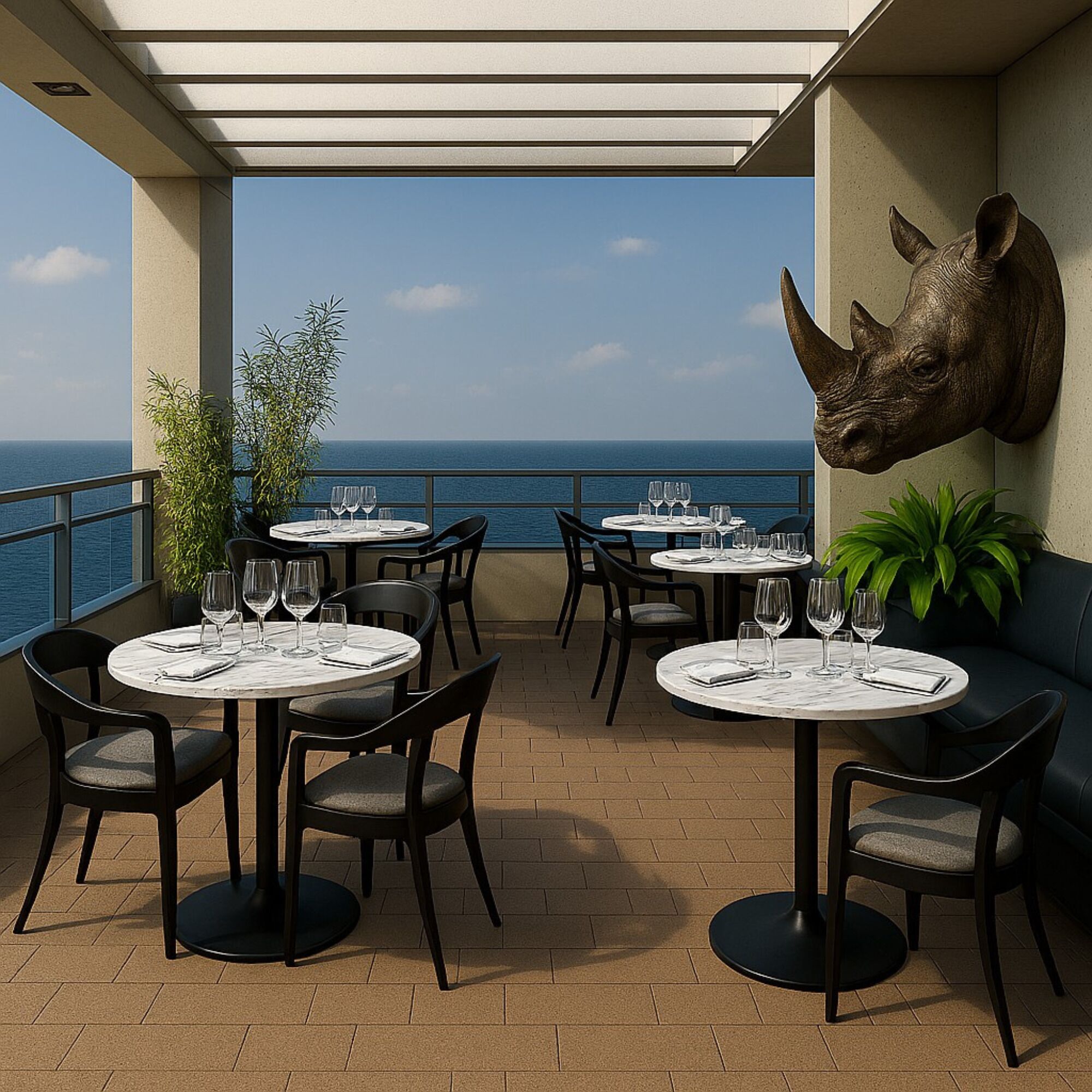 Una terrazza con tavoli rotondi, sedie e una scultura raffigurante la testa di un rinoceronte.
