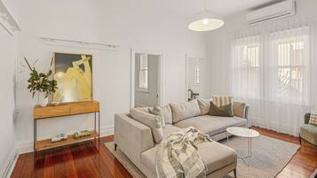 Smart TV, fireplace, books