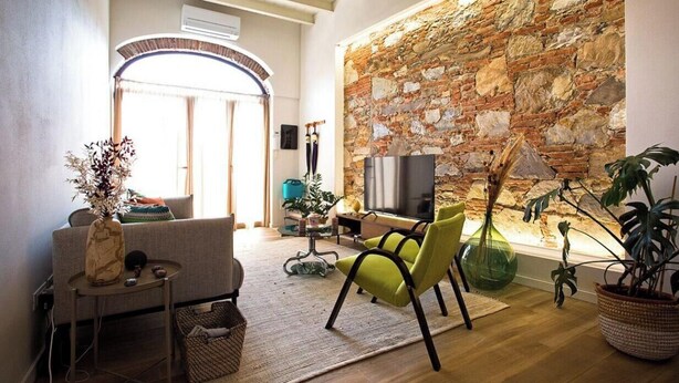 A living room with a stone wall, a sofa, a TV, and various plants.