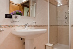 Douche, bidet, serviettes fournies, shampoing