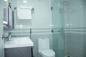 A modern bathroom with a glass-enclosed shower, a white sink, and a toilet.