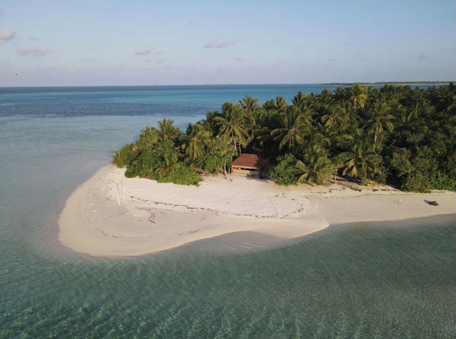 Una isla tropical con un pequeño edificio rodeado de palmeras y aguas azul turquesa.