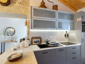 Fridge, microwave, oven, stovetop - Holiday Home 'Vinha Da Touça T1' with Mountain View, Wi-Fi and Air Conditioning (Soajo)