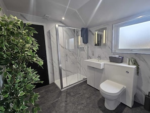 A modern bathroom with a glass shower enclosure, a white sink, and a toilet.