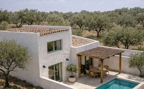 Ein modernes Haus mit Pool, Terrasse und Olivenbäumen im Hintergrund.