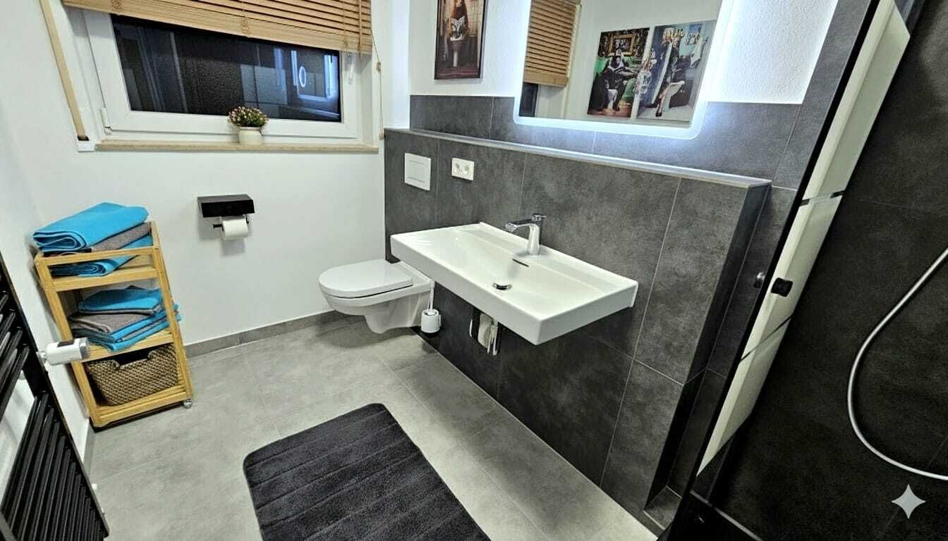 Un baño moderno con un lavamanos blanco, baldosas oscuras, un inodoro y una ventana con persianas.