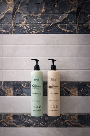 Hair dryer, towels, soap