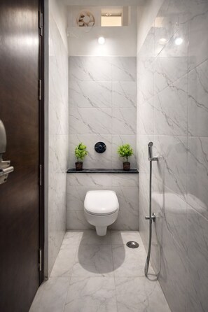 Hair dryer, towels, soap