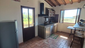 Een kleine keuken met een koelkast, een wastafel en een raam met uitzicht.