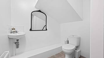 Chuveiro, secador de cabelo, toalhas de banho, shampoo