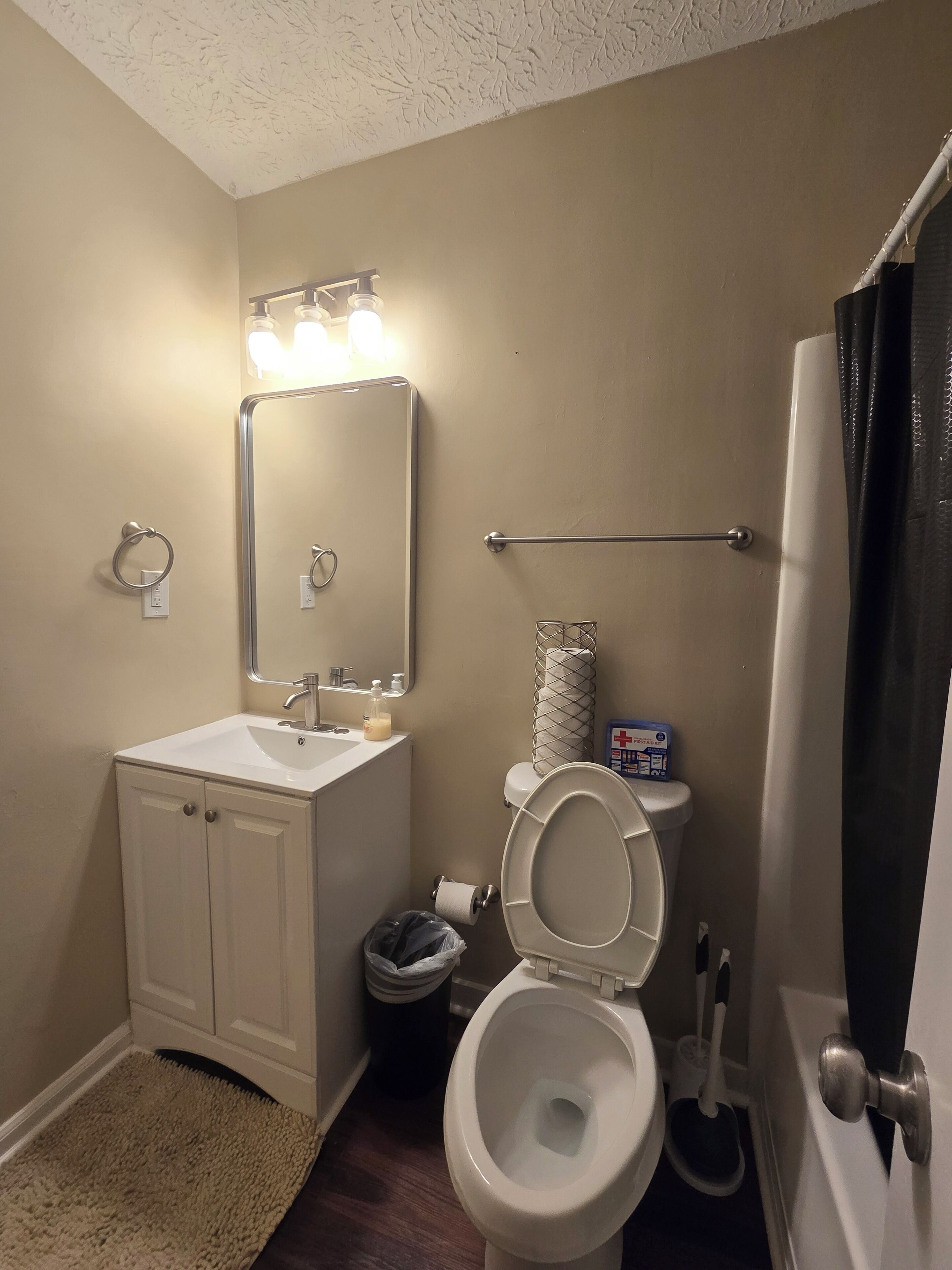 Shower, towels, soap, toilet paper