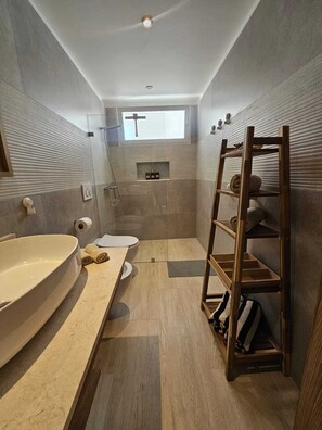 Un bagno moderno con lavandino capiente, WC e zona doccia.