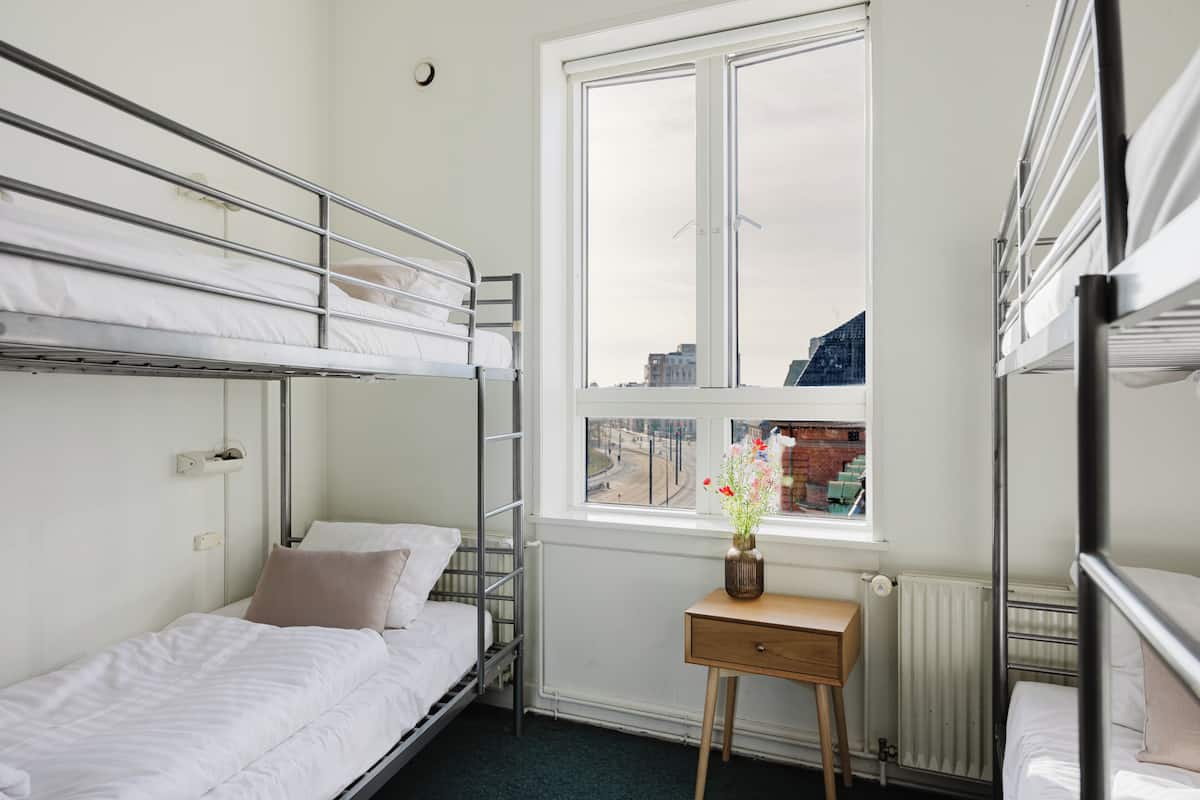 A dormitory room with bunk beds, a window with a view of buildings, a radiator, and a small wooden table with a vase of flowers.