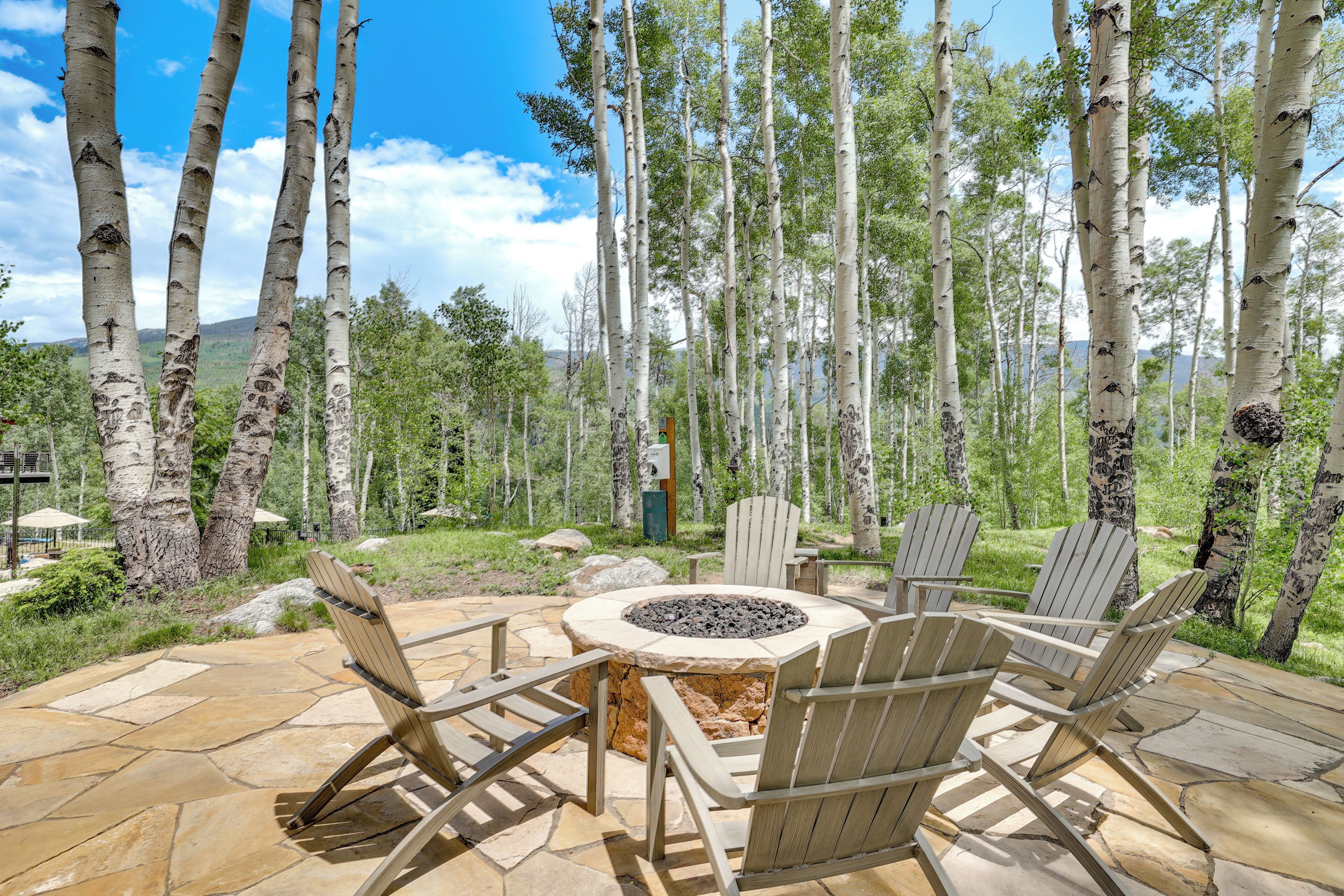 A stone patio with Adirondack chairs and a fire pit, surrounded by birch trees and a mountainous backdrop.