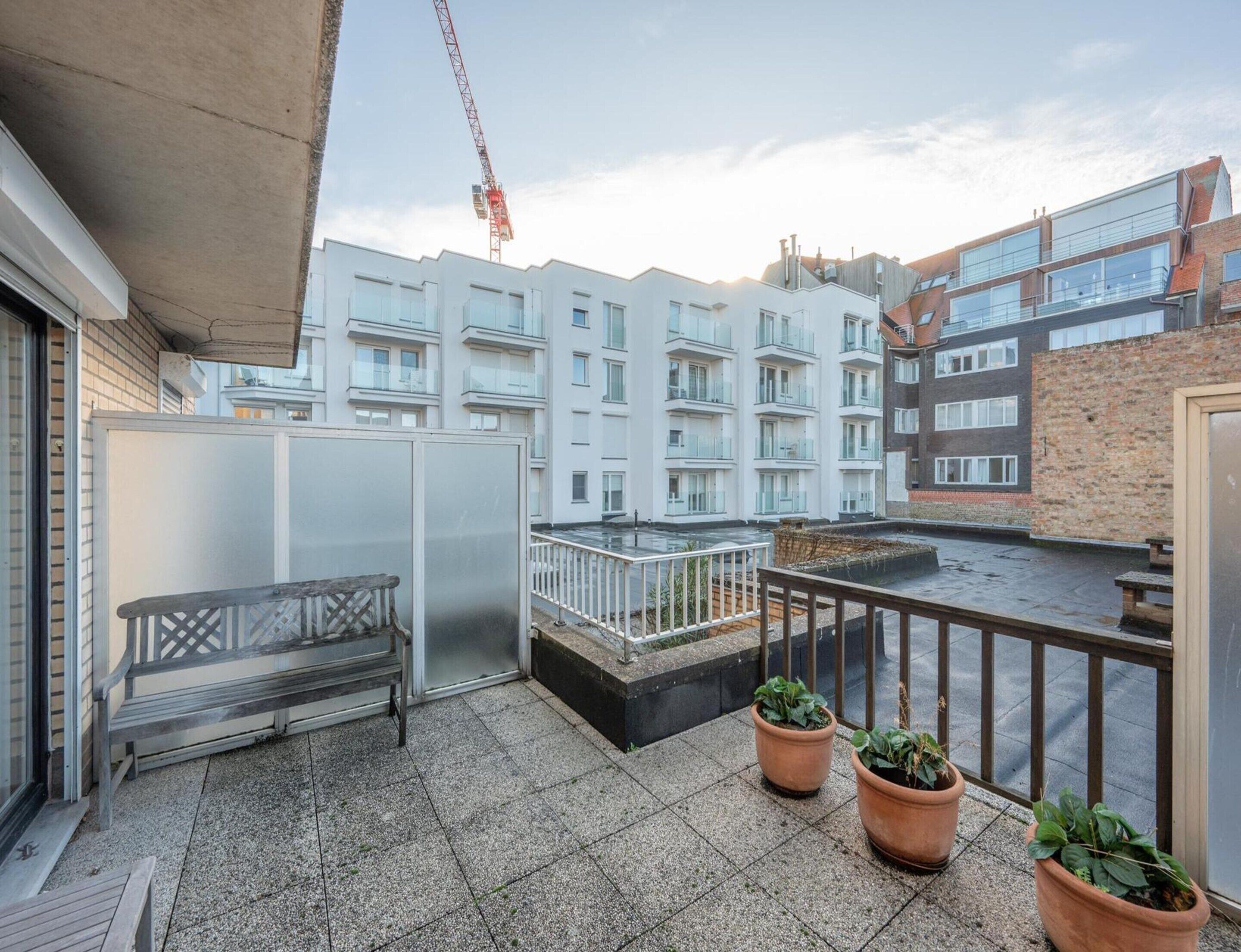 Eine Dachterrasse mit Blick auf moderne Gebäude, einem Metallgeländer und Topfpflanzen.