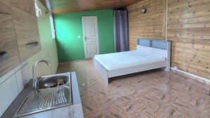 A compact room with a kitchen area, a bed, and a green wall. - Chalet les planifolias, landscaped garden, access to numerous paths, sea and mountains. (Saint-Philippe)