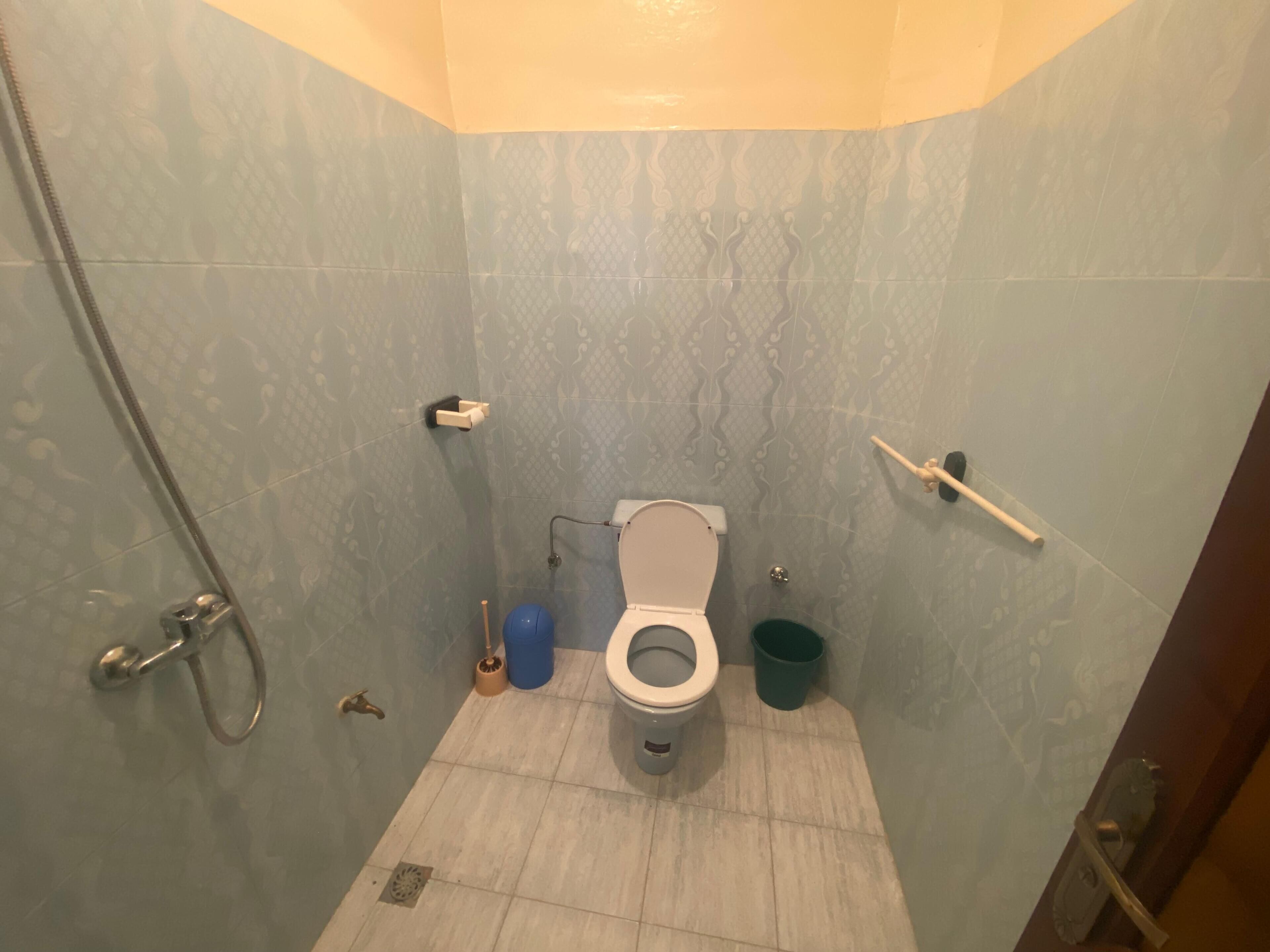 Pieni kylpyhuone, jossa on wc, suihku ja pesuallas.