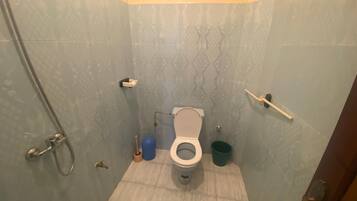 Pieni kylpyhuone, jossa on wc, suihku ja pesuallas.