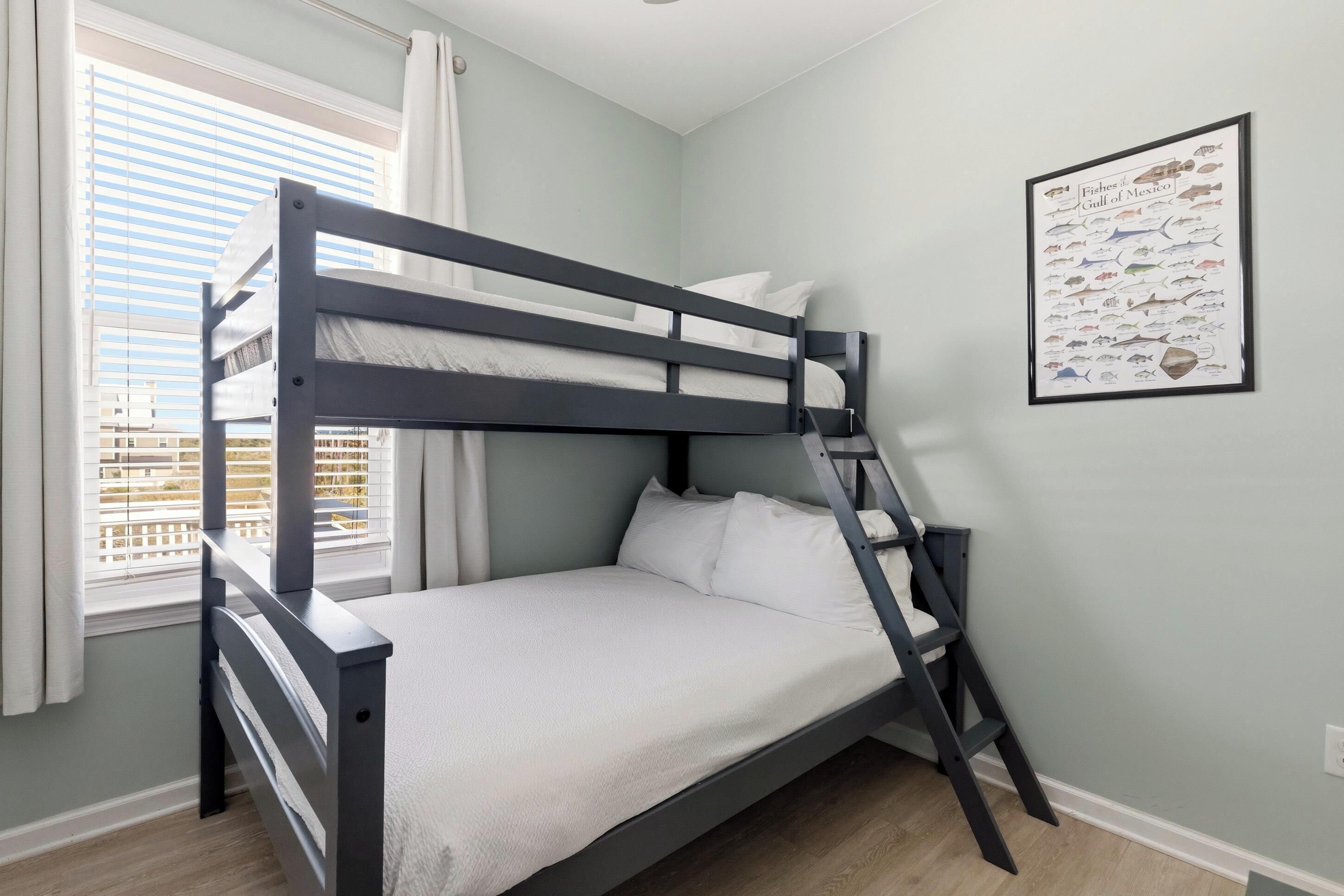 A bunk bed with a ladder, a window with blinds, and a framed fish chart on the wall.