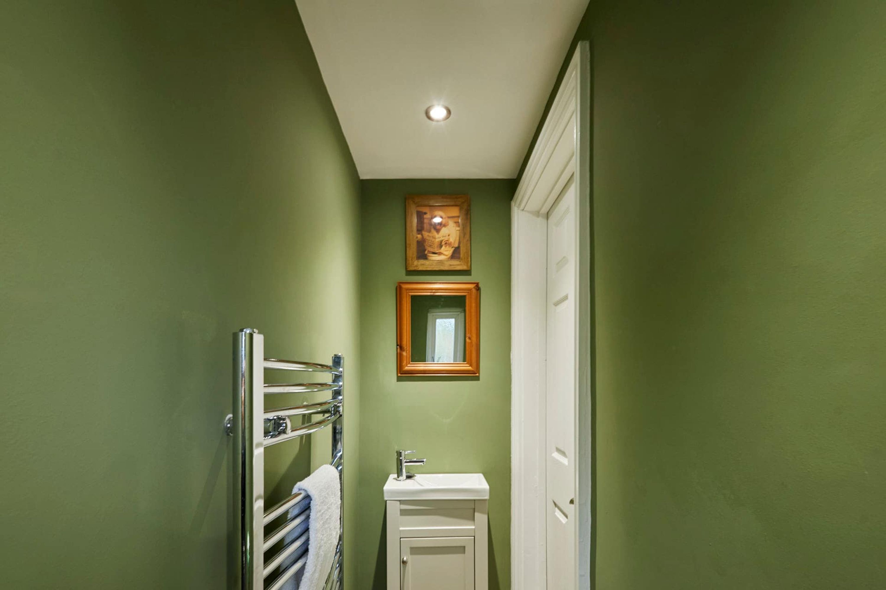 A narrow hallway with green walls, a white door, a small white sink, and a towel rack.