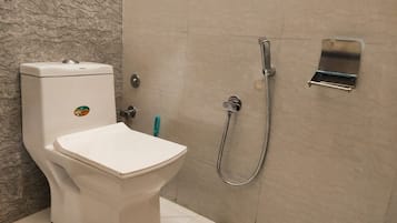 Shower, free toiletries, towels, soap