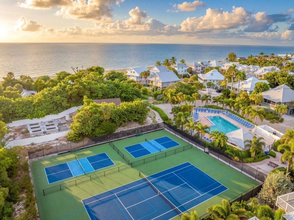 Un resort costero con varias canchas de tenis, una piscina y vistas al océano.