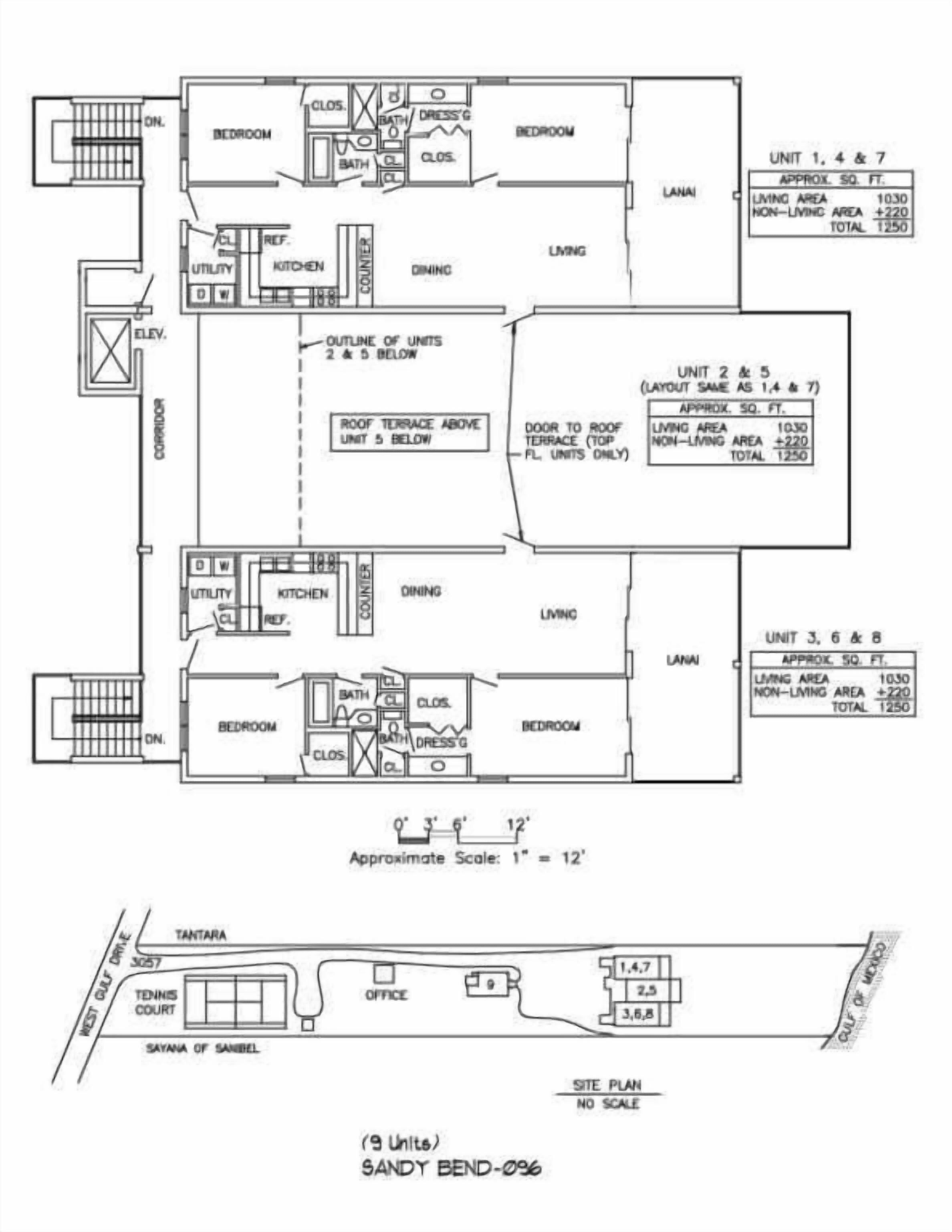 Plano de planta de un edificio con varias unidades, que incluyen dormitorios, baños, una cocina y un comedor. El plano muestra la distribución de las unidades 1, 4 y 7, así como las unidades 2, 5, y 3, 6 y 8. Hay una cancha de tenis y un edificio de oficinas adyacente a la estructura principal.
