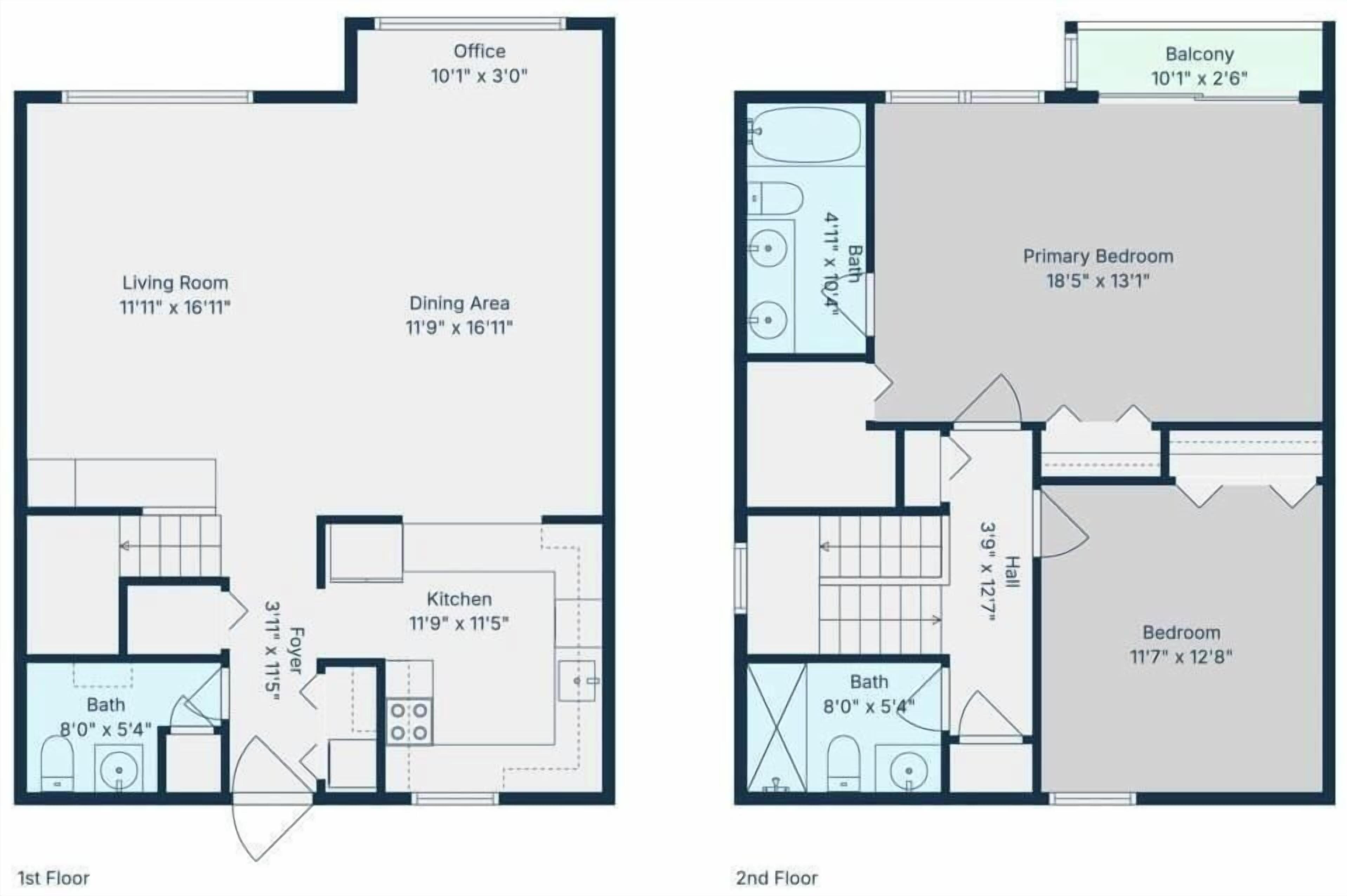 Plattegrond van de eerste verdieping met een woonkamer, eetgedeelte, keuken en badkamer. De plattegrond van de tweede verdieping toont een hoofdslaapkamer, balkon en badkamer.