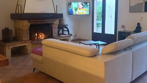 Uma sala de estar com lareira, um sofá, uma televisão e uma janela grande.