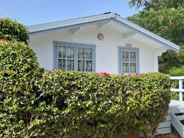 A white building with a gabled roof and two windows with blue shutters. - Bungalow with Terrace in Marbella - Perfect for Couples (Marbella)