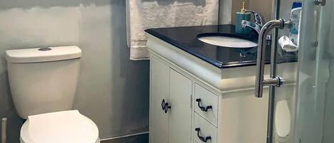 A bathroom with a toilet, a sink with a mirror, and a shower area.