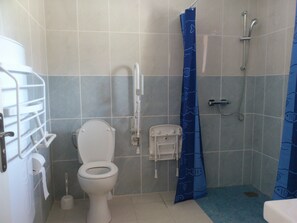 Ein Badezimmer mit Toilette, Dusche und einem blauen Duschvorhang.