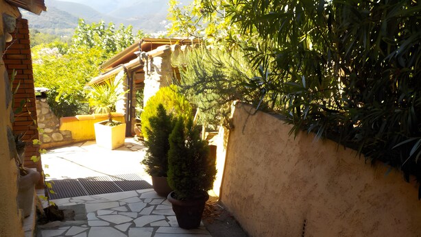 A stone-paved courtyard with potted plants, a brick wall, and a wooden pergola.