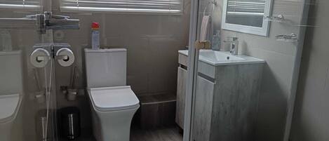 A modern bathroom with a toilet, bidet, and shower.