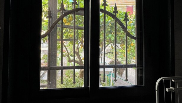 A window with a wrought iron gate, a view of greenery and a building in the background. - The House Before the Sea (Fiumefreddo Sicilia)
