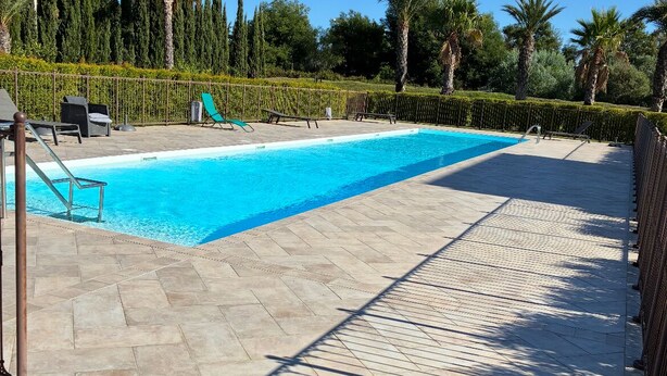 Uma piscina retangular com um deck ladrilhado, cercada por palmeiras e ciprestes, com uma cerca de metal em primeiro plano.