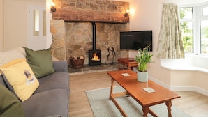 A cozy living room with a stone fireplace, a flat-screen TV, a wooden coffee table, and a comfortable sofa. - Ammerham Farm Cottage (Chard)