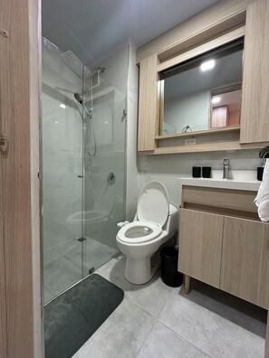 Secadora de cabello, bidet, toallas, jabón 